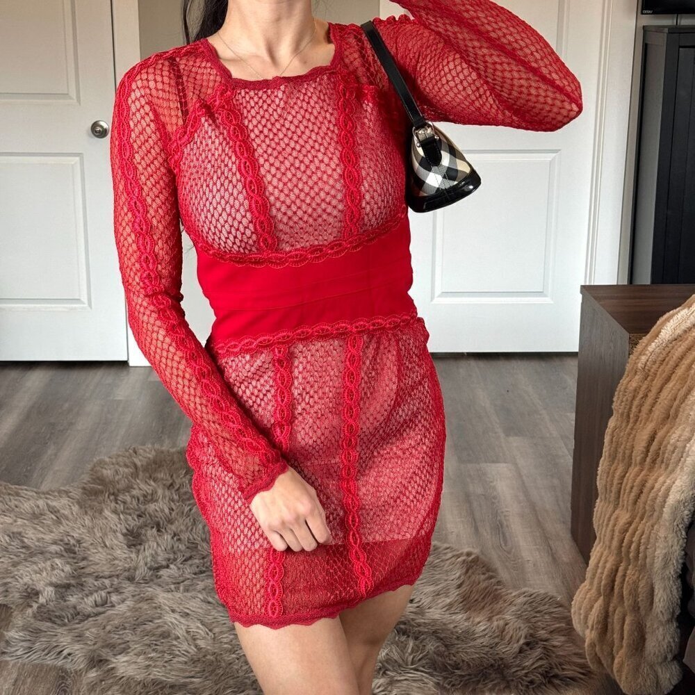 Free People Mixed Mesh Lace Bodycon Dress Cherry Red Cocktail Mini Coquette